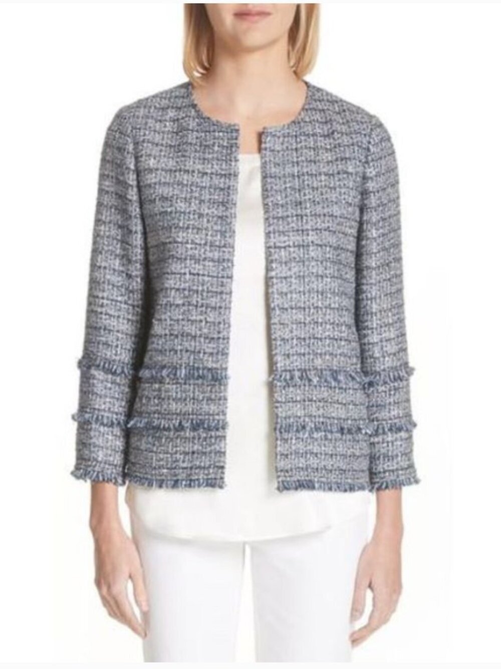 Lafayette 148 New York Aisha Tweed Fringe Jacket Blue Collarless Size S
